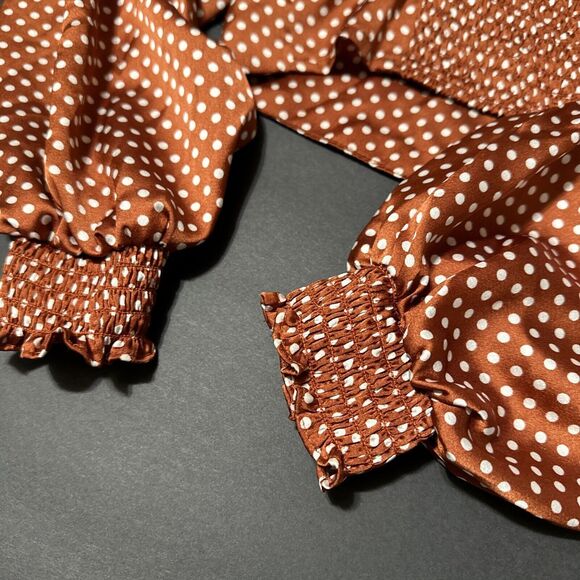 Rust Polka Dot Cropped Blouse Women Size Small Long Sleeve V-Neck Code X Mode - Picture 9 of 13